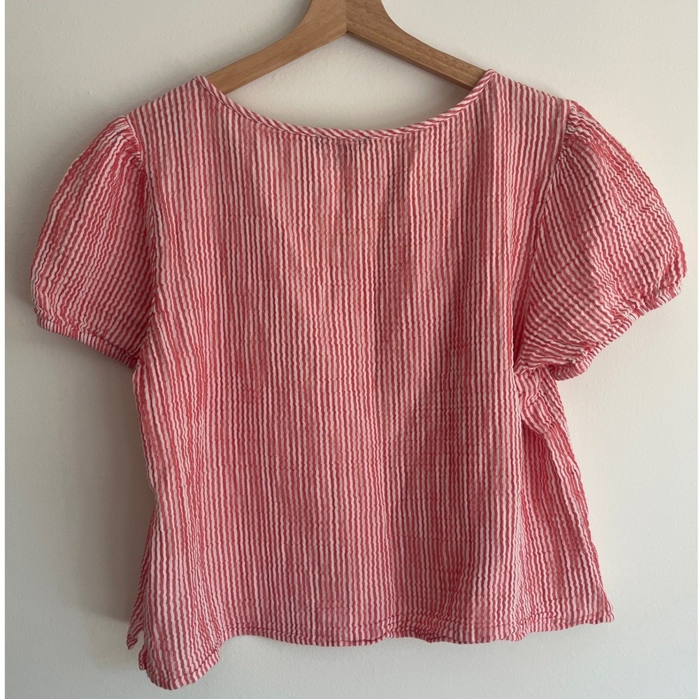 J. Crew Puff Sleeve Henley Top Red White Stripe Cropped Cotton Gauze Size Large - Picture 3 of 9